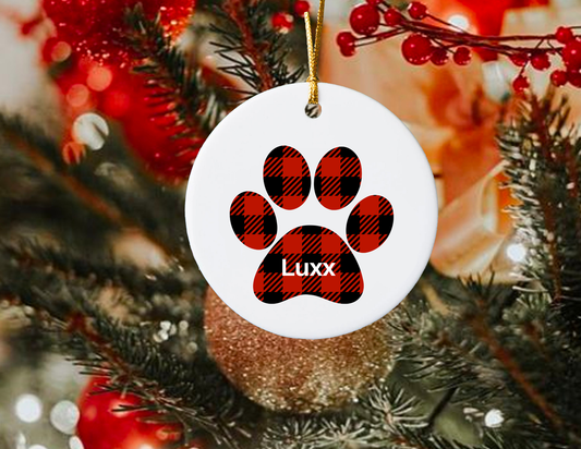🎄 Personalized Buffalo Plaid Paw Print Metal Christmas Ornament  🎄
