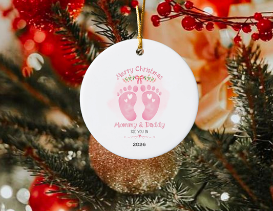 🎄 Whimsical Christmas Ornament for Expectant Parents – Merry Christmas Mommy & Daddy! See You in 2026 -pink🎄