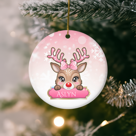 🎄 Personalized Pink Baby Reindeer Metal Christmas Ornament  🎄