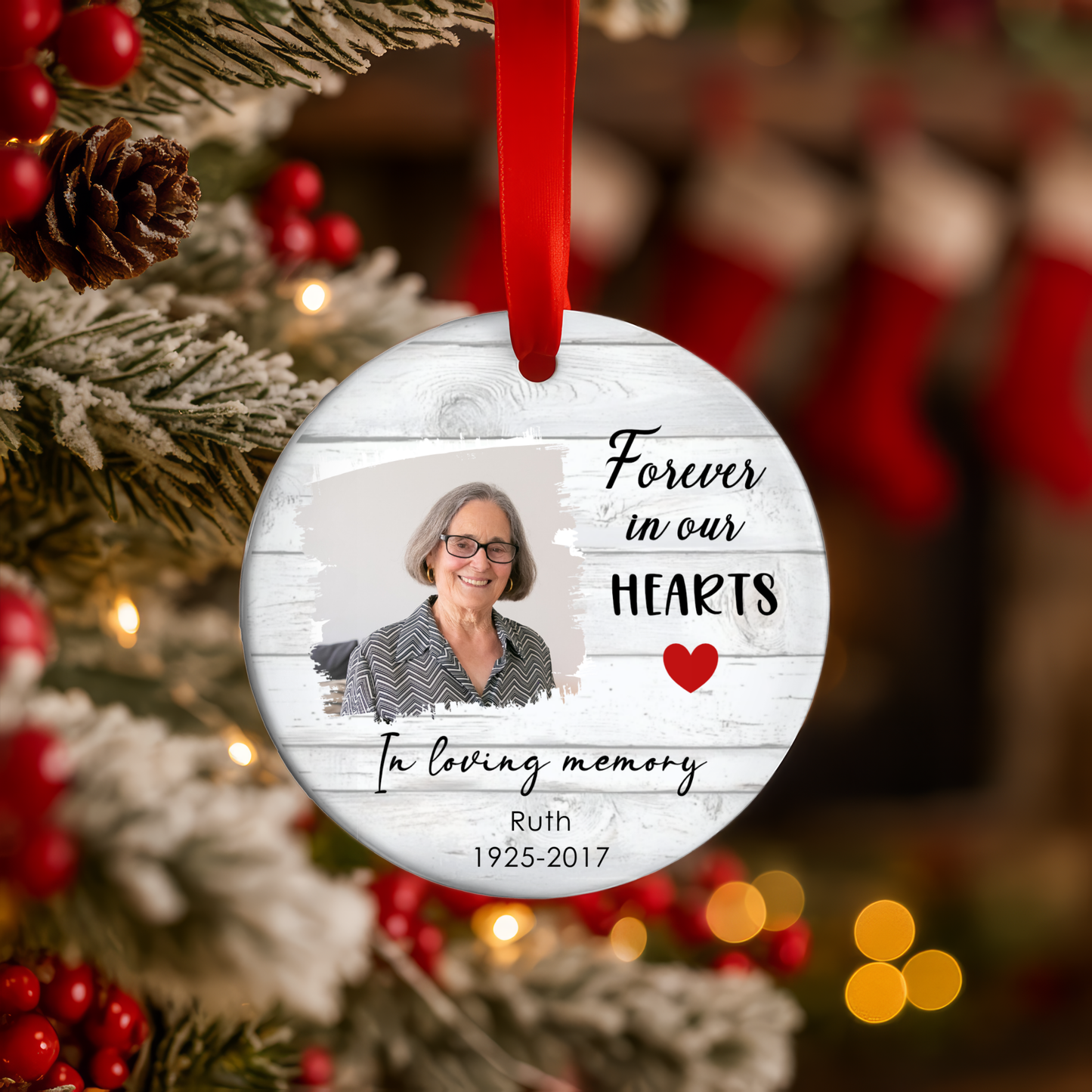 Personalized Memorial Christmas Ornament – “Forever in Our Hearts” Custom Photo Keepsake