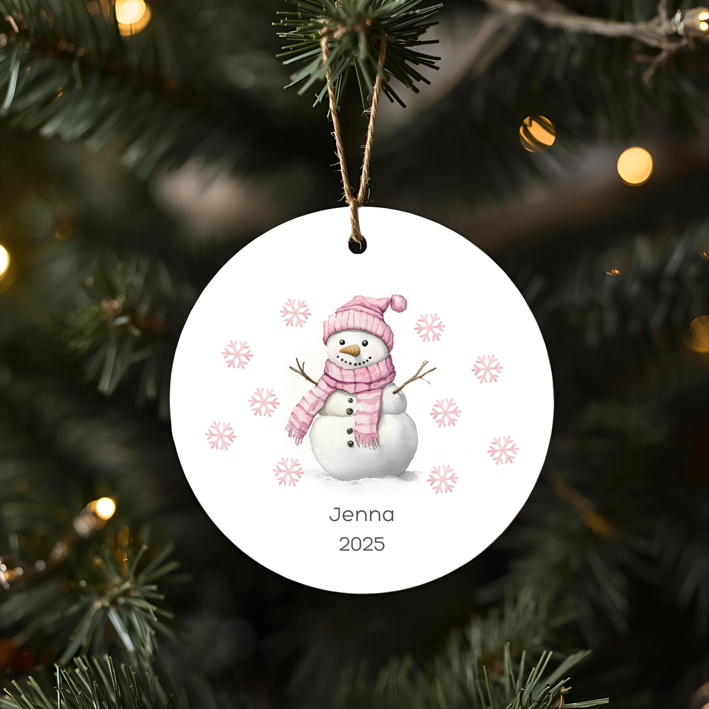 🎄 Whimsical Pink Snowman Metal Christmas Ornament – Personalized🎄