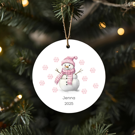 🎄 Whimsical Pink Snowman Metal Christmas Ornament – Personalized🎄