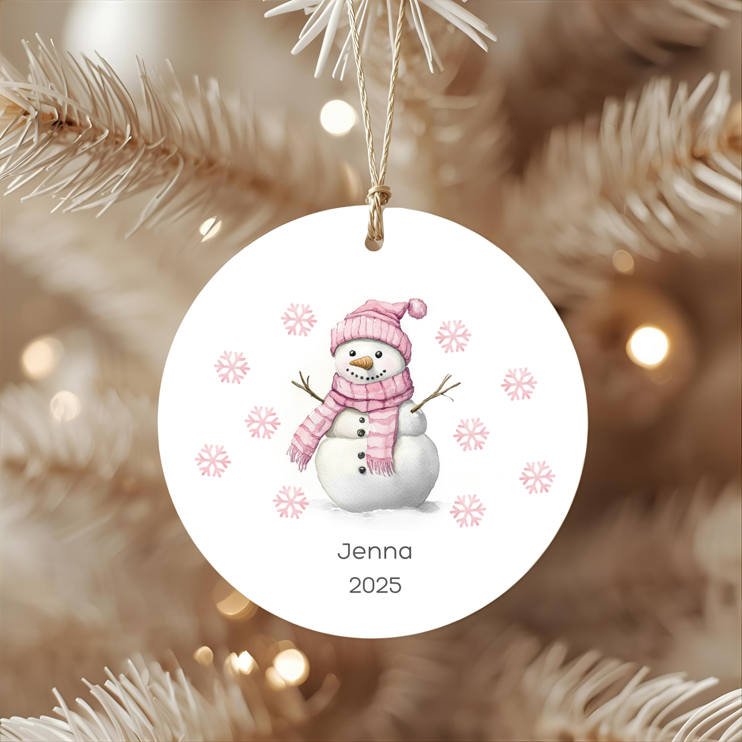 🎄 Whimsical Pink Snowman Metal Christmas Ornament – Personalized🎄