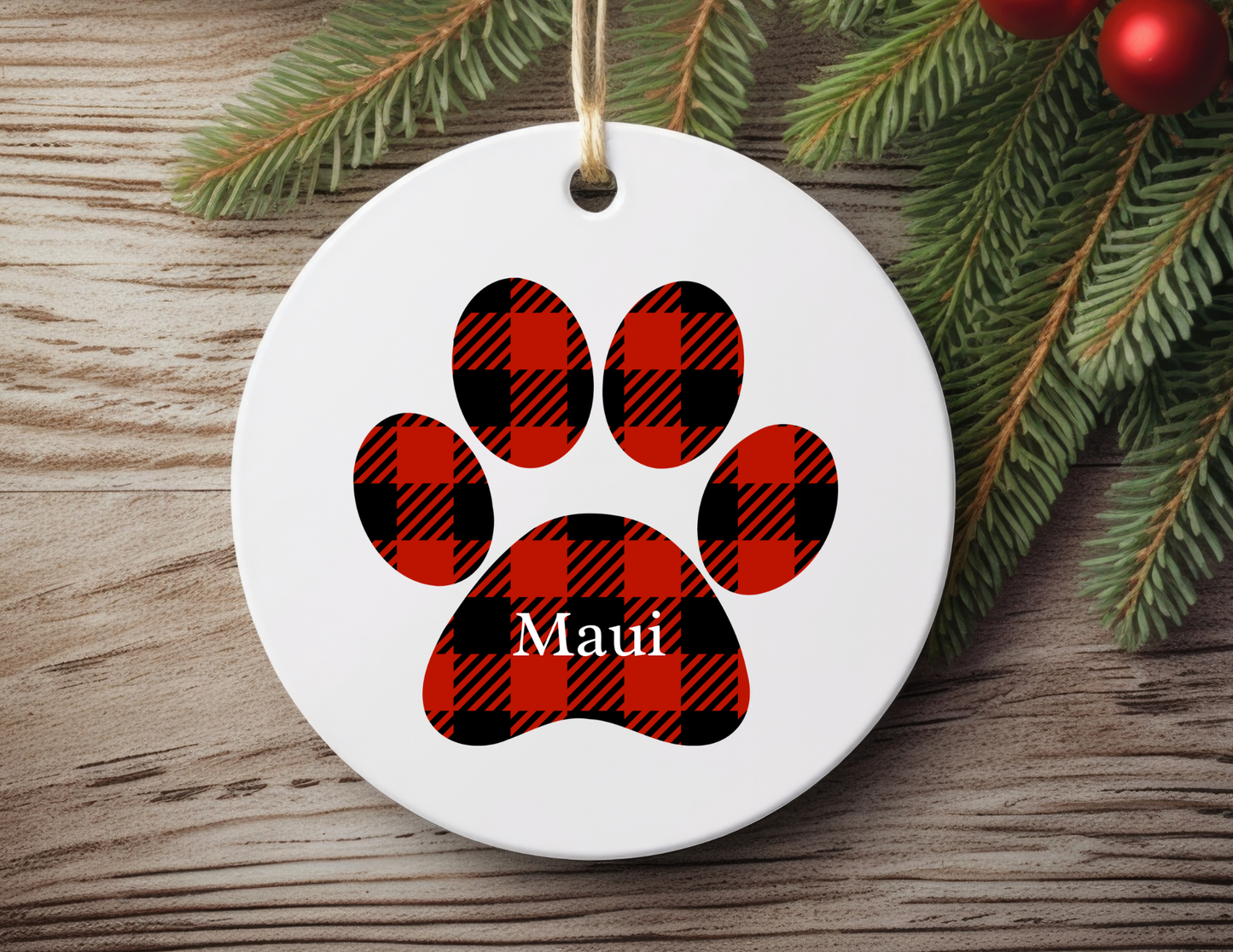 🎄 Personalized Buffalo Plaid Paw Print Metal Christmas Ornament  🎄