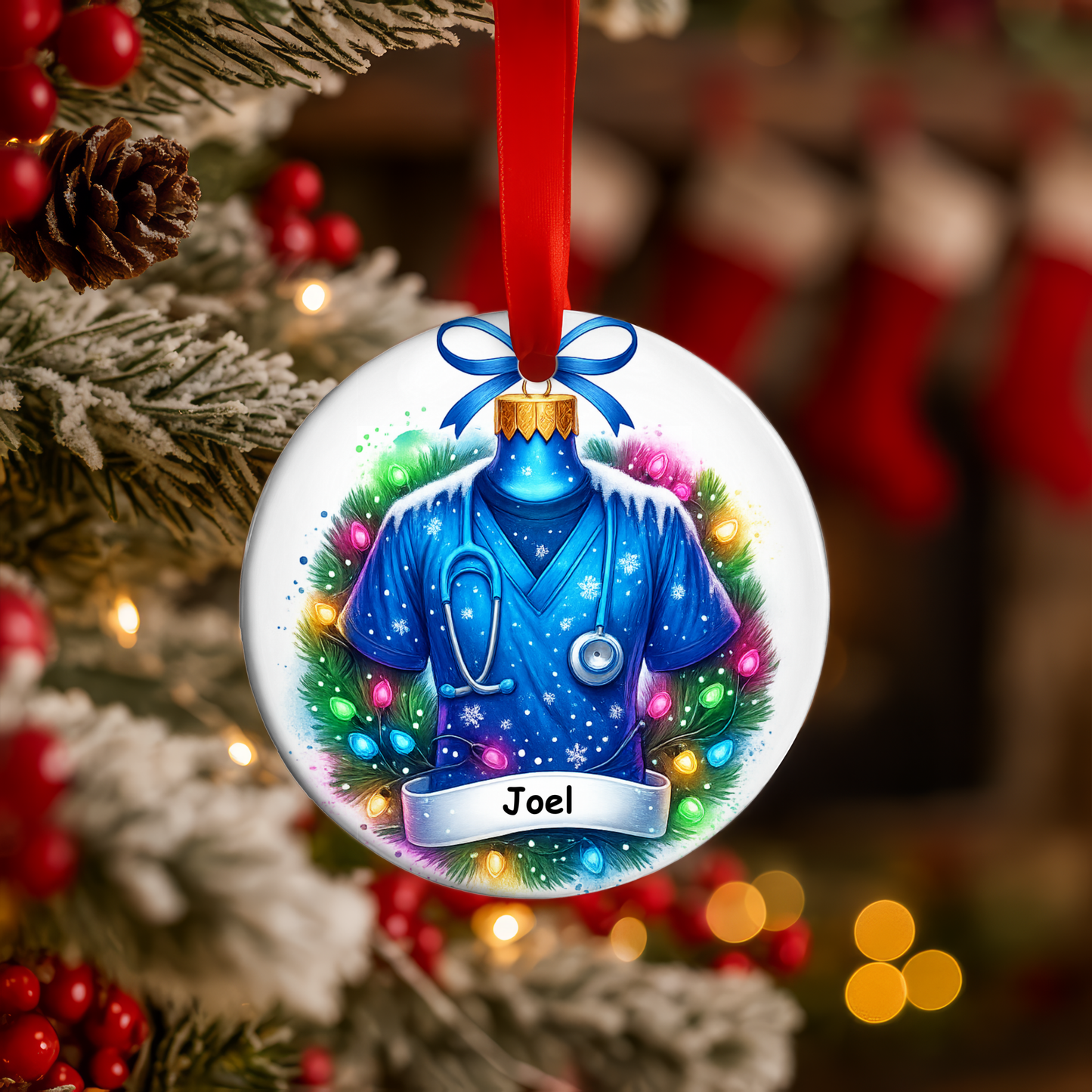 Personalized Masculine Nurse Christmas Ornament – 3” x 3” Double-Sided