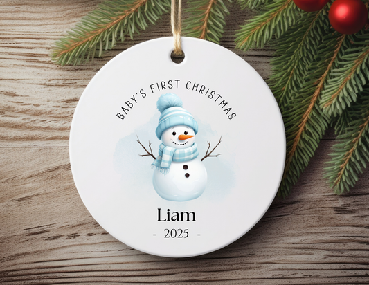 🎄 Personalized First-Year Snowman Baby Boy Ornament – Handmade Christmas Keepsake 🎄