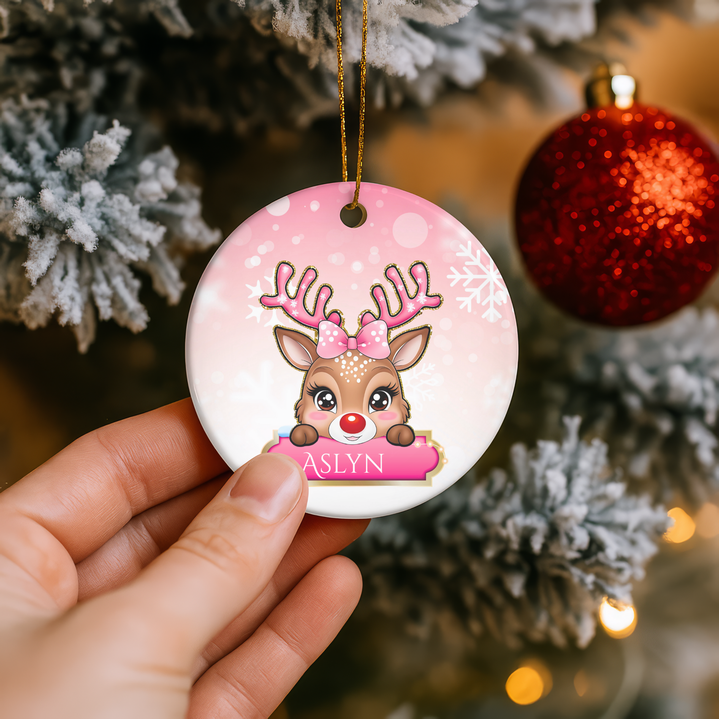 🎄 Personalized Pink Baby Reindeer Metal Christmas Ornament  🎄