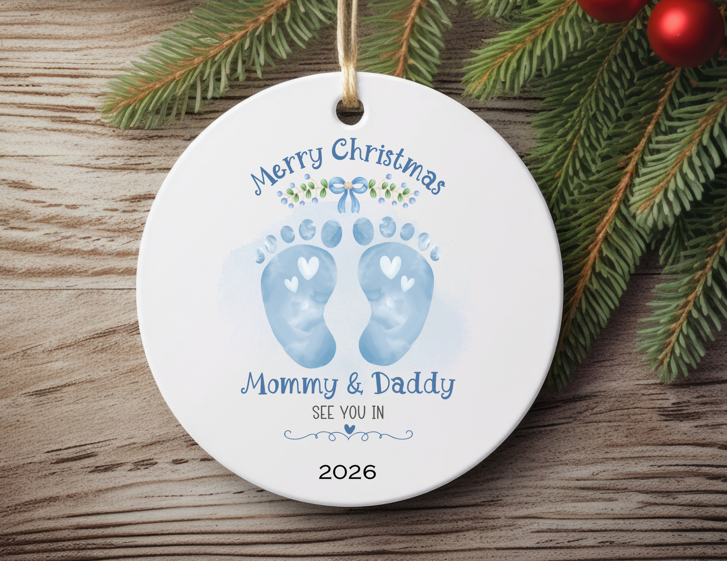 🎄 Whimsical Christmas Ornament for Expectant Parents – Merry Christmas Mommy & Daddy! See You in 2026 -blue 🎄