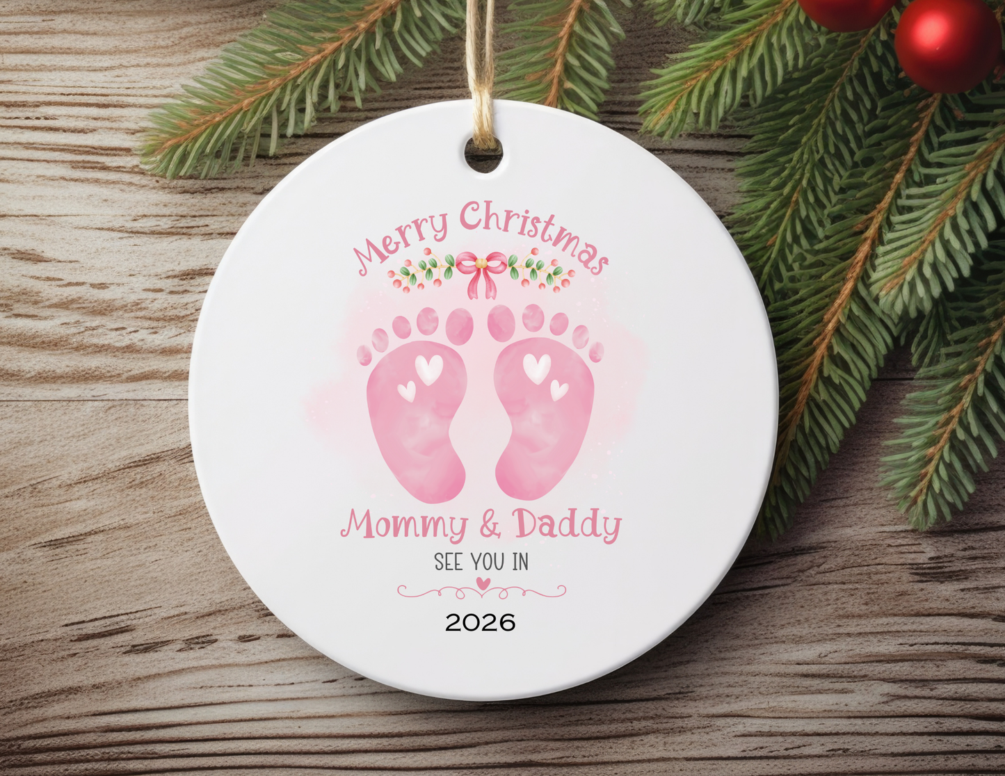 🎄 Whimsical Christmas Ornament for Expectant Parents – Merry Christmas Mommy & Daddy! See You in 2026 -pink🎄